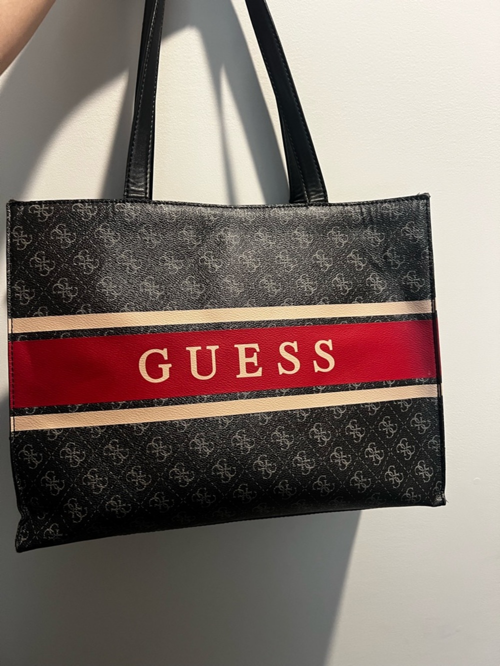 Y2K GUESS Black Tote with Red and Cream Logo Stripe